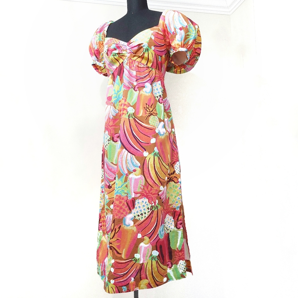 Farm Rio Fruit Salad Pastel Maxamilist Puff Sleeve Fruit Hearts Print Maxi Dress - Picture 8 of 14